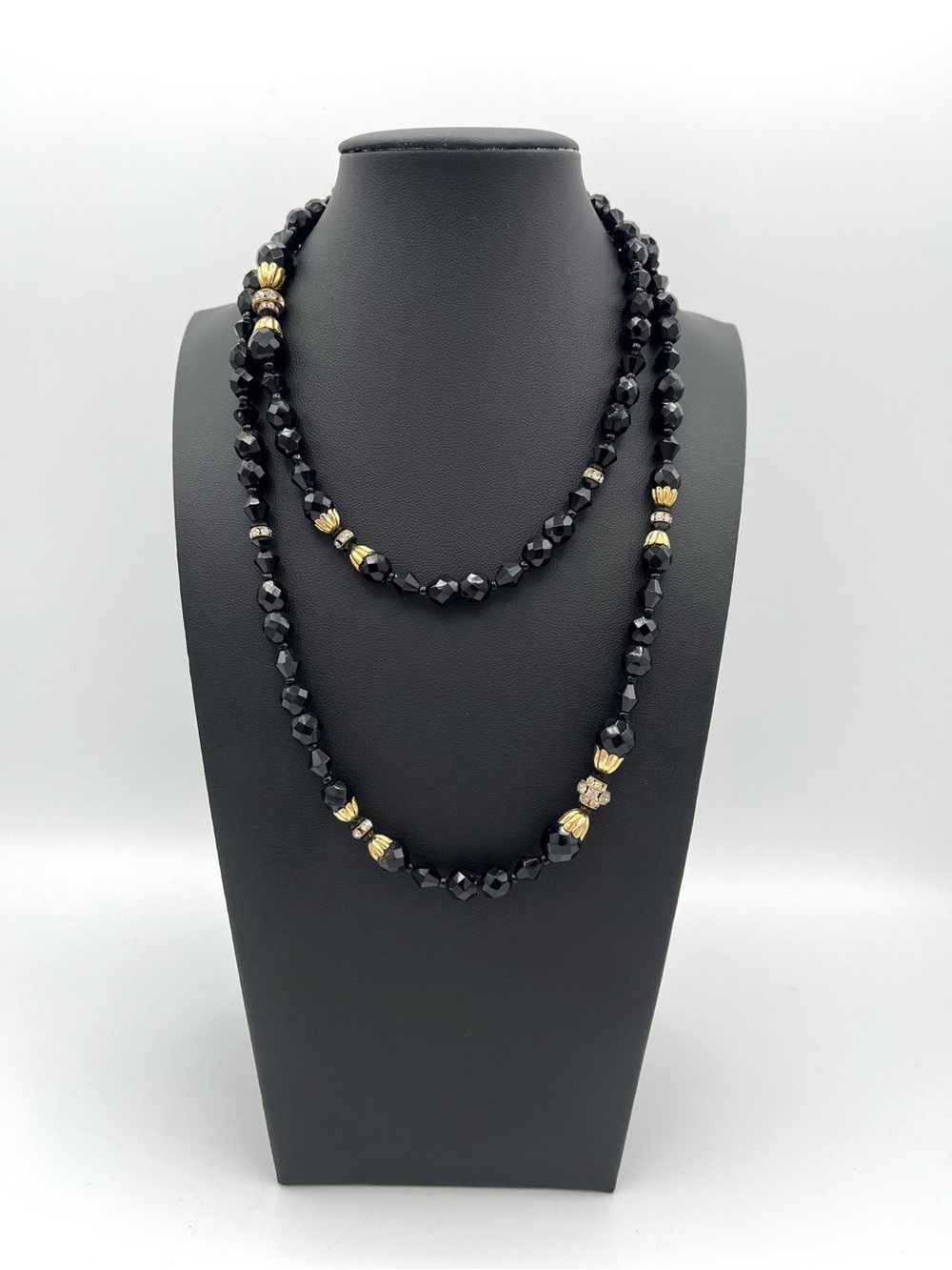 Vintage Signed Miriam Haskell Black Faceted Glass & Rhinestone 34” Necklace